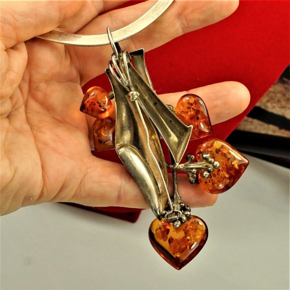 MASSIVE AMBER STERLING PENDANT & BROOCH WITH OMEGA WIRE NECKLACE, RARE JEWELRY - Picture 10 of 16